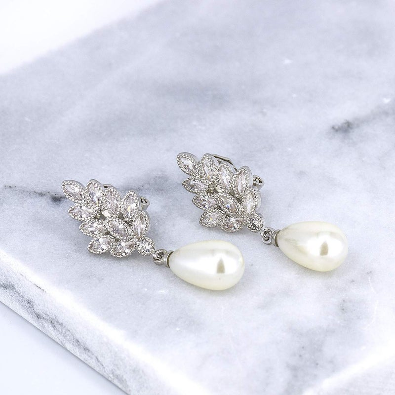 YOQUCOL Leaf-shape Dangle Drop Clip On Earring Zirconia Crystal Simulated Pearl NonPierced Earrings For Women - Image 3